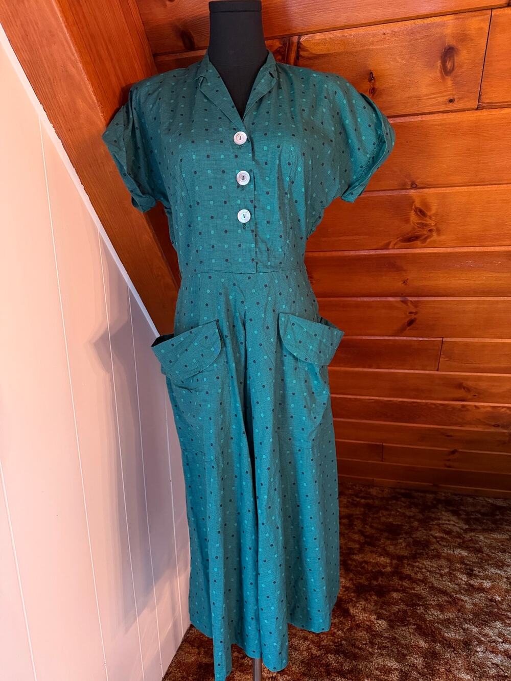 Vintage 40s/50s Green Polka Dot Patterned House "Day" Dress Sz M